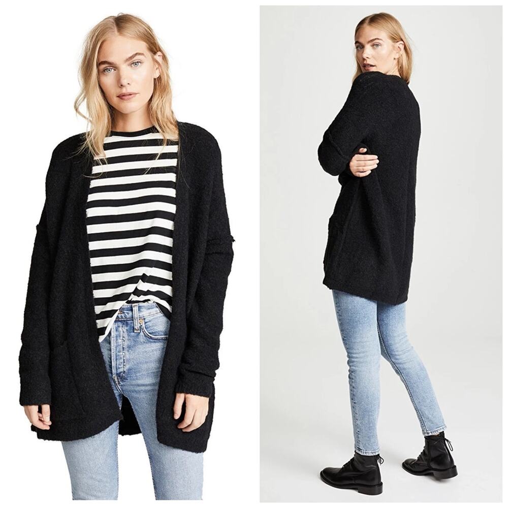 Free People Phantom Long Cardigan Black Front Open Wool Blend Large Oversized
